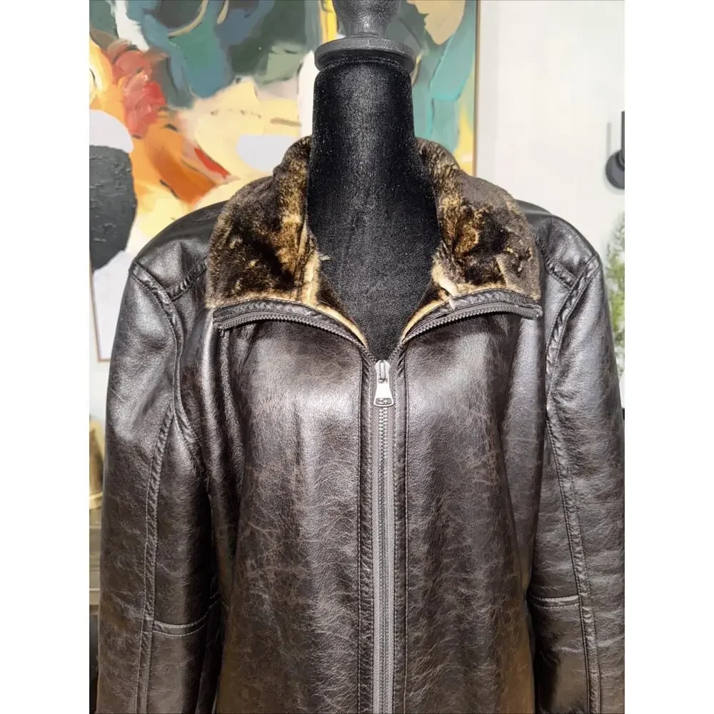 Marc New York Chocolate Brown Faux Fur & Faux Leather Jacket Sz L Sophisticated
